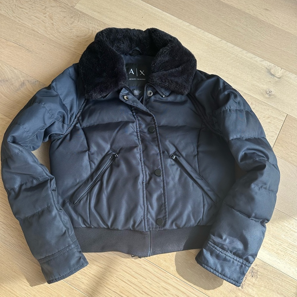 Armani Exchange Navy Bomber Jacket with Luxurious Black Faux Fur Collar